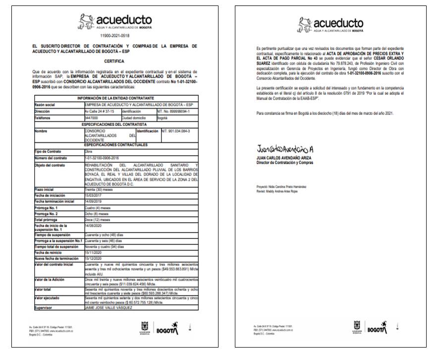 Certificación de la Empresa de Acueducto y Alcantarillado de Bogotá – Esp