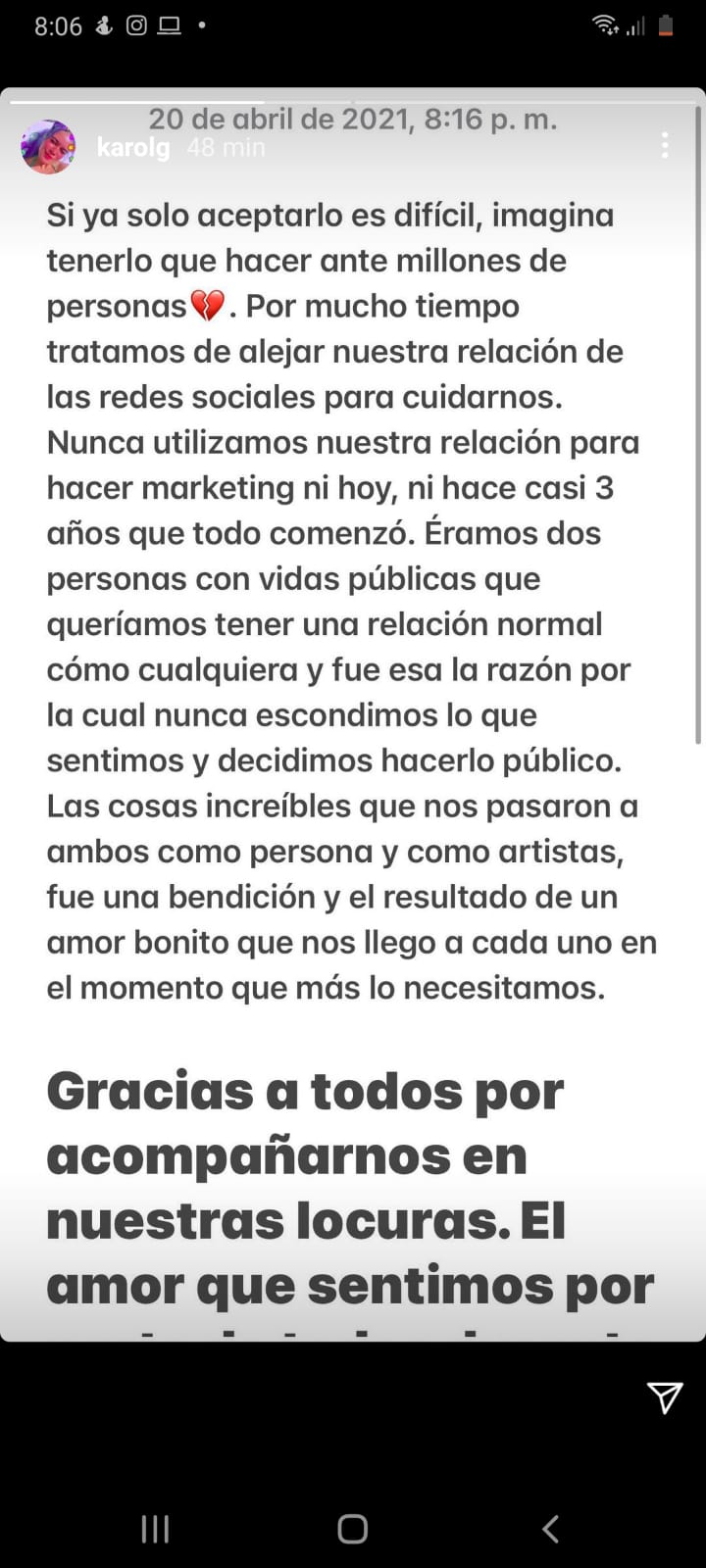 Karol G historia de Instagram