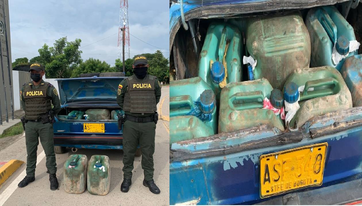 Era transportado en 30 pimpinas plásticas de color verde en el baúl de un vehículo