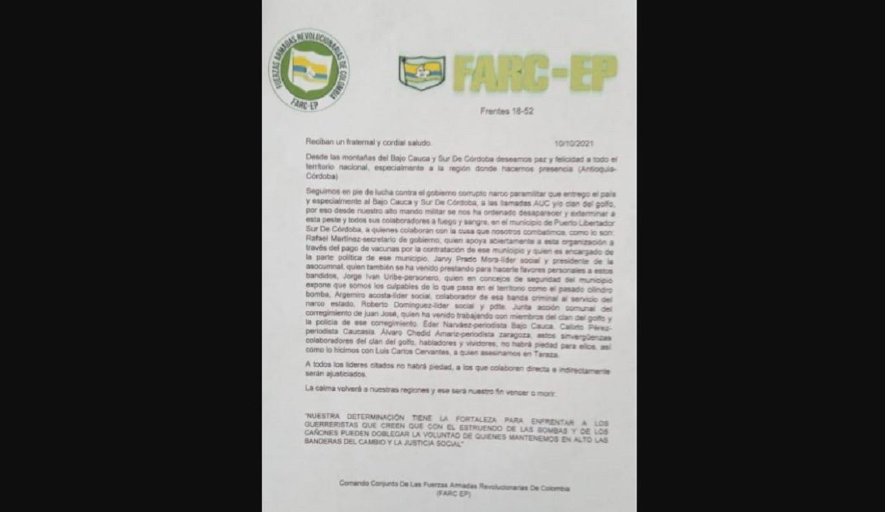 Panfleto con amenazas que apareció en el sur de Córdoba.