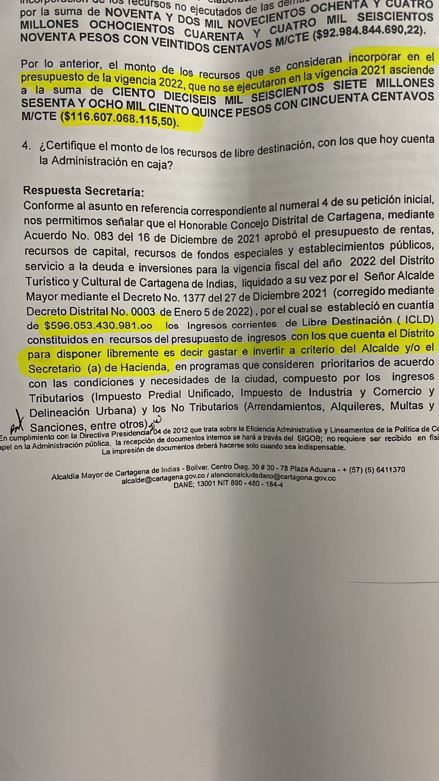 Oficio de secretaría de Hacienda