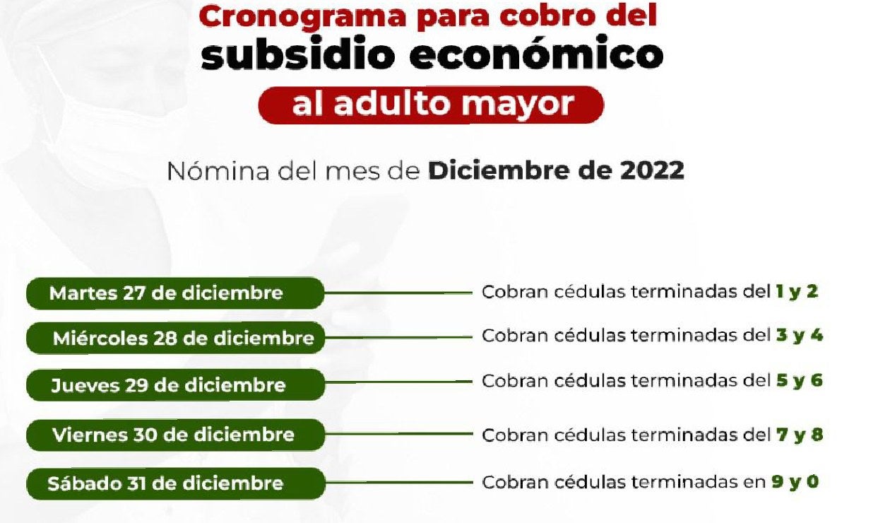 Cronograma para el cobro del apoyo económico para los abuelitos.