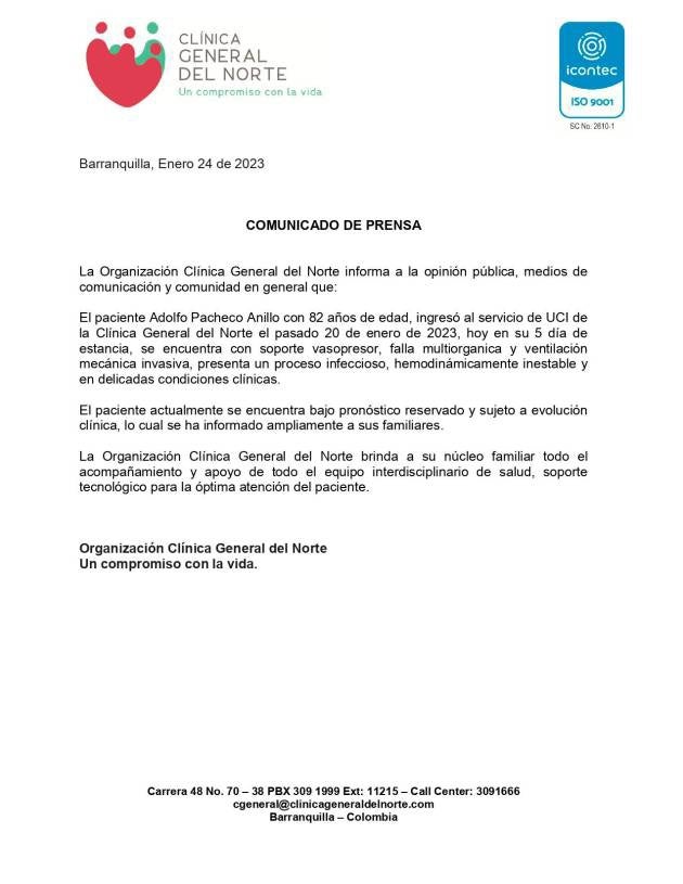 Último reporte oficial de La Clínica General del Norte.