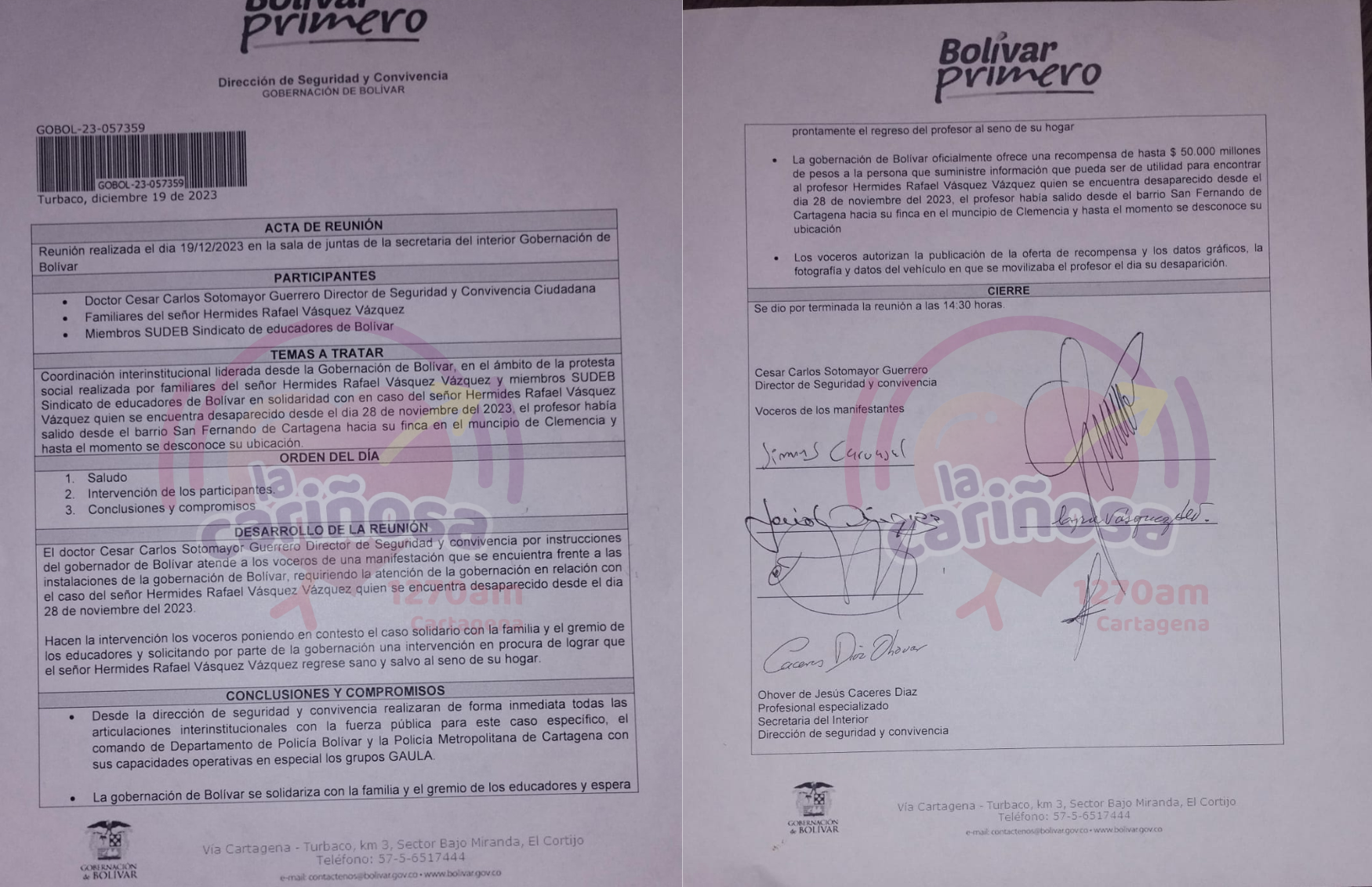 Acta de compromisos de la Gobernación de Bolívar, sobre la desaparición del profesor Hermides Vasquez