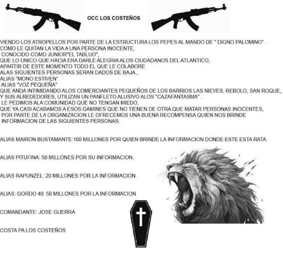 Supuesto panfleto a nombre de Los Costeños.