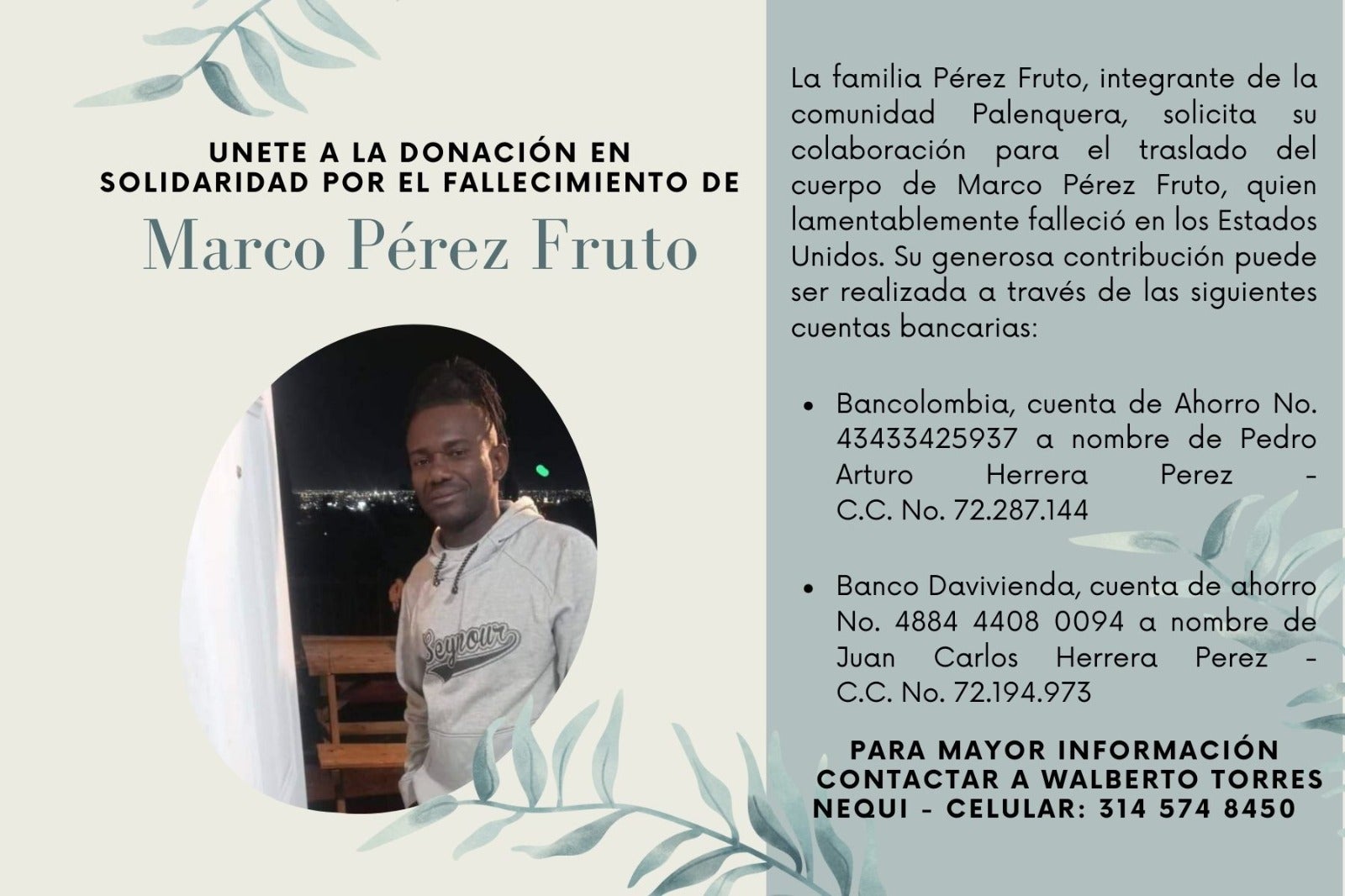 Marcos Fidel Pérez Fruto, palenquero fallecido en Estados Unidos.
