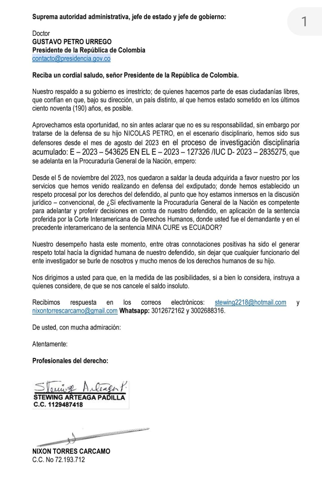 La defensa piden a presidencia gestionar para que les sean cancelados los honorarios