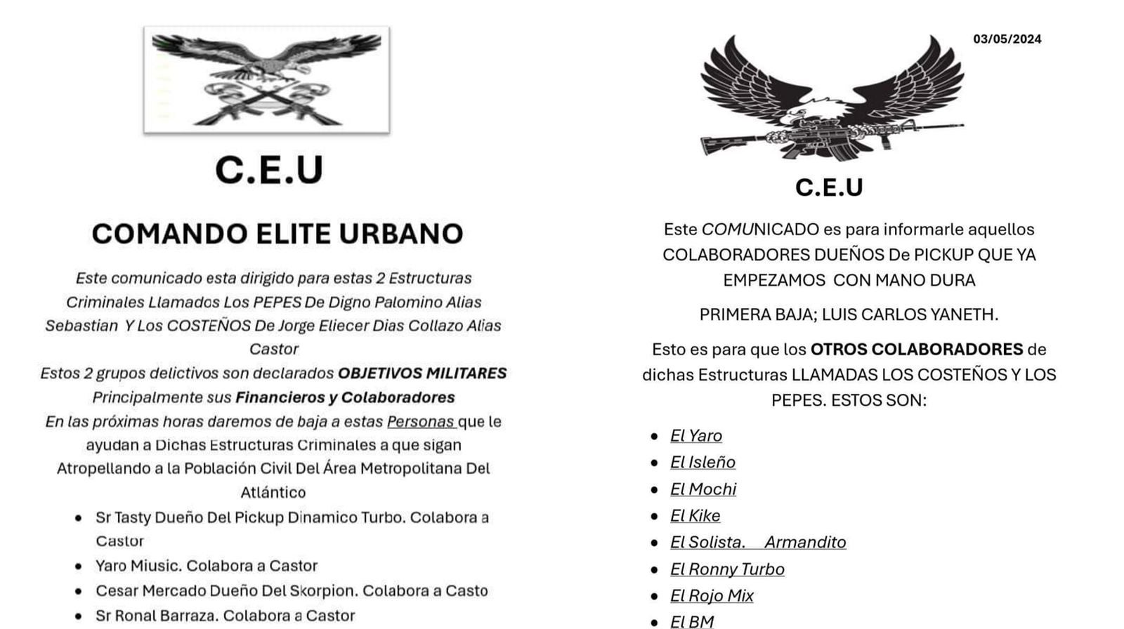 Panfletos amenazantes en Barranquilla contra dueños de Pickups