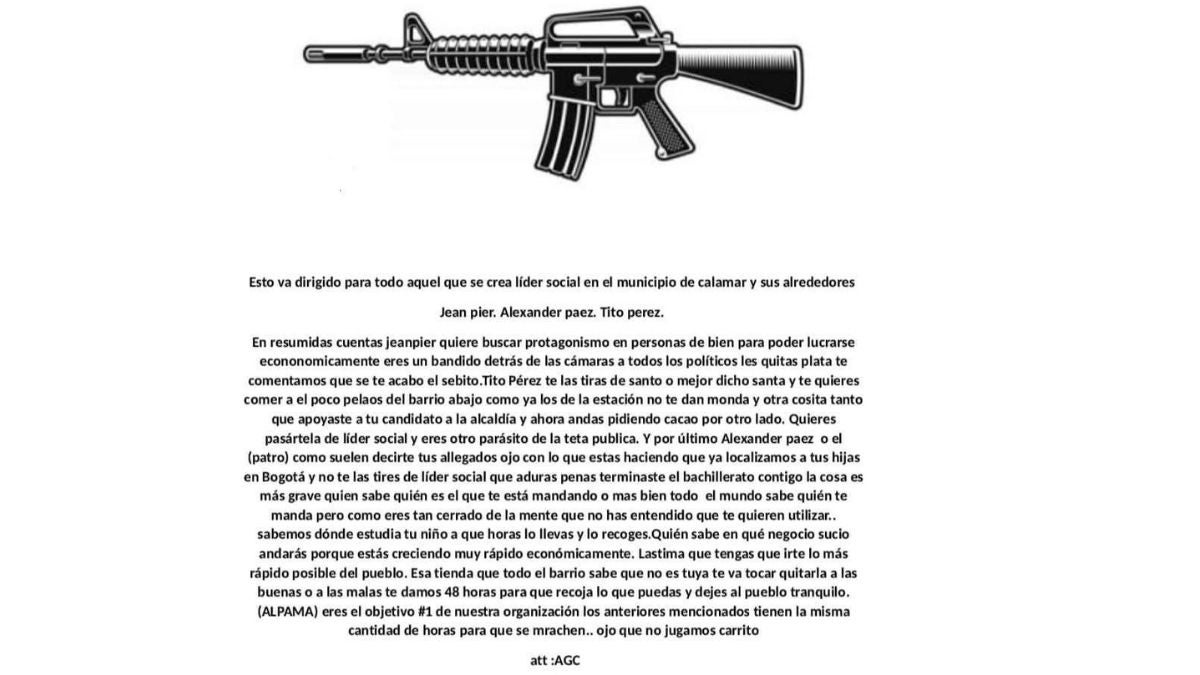 Panfleto amenazante Calamar, Bolívar.