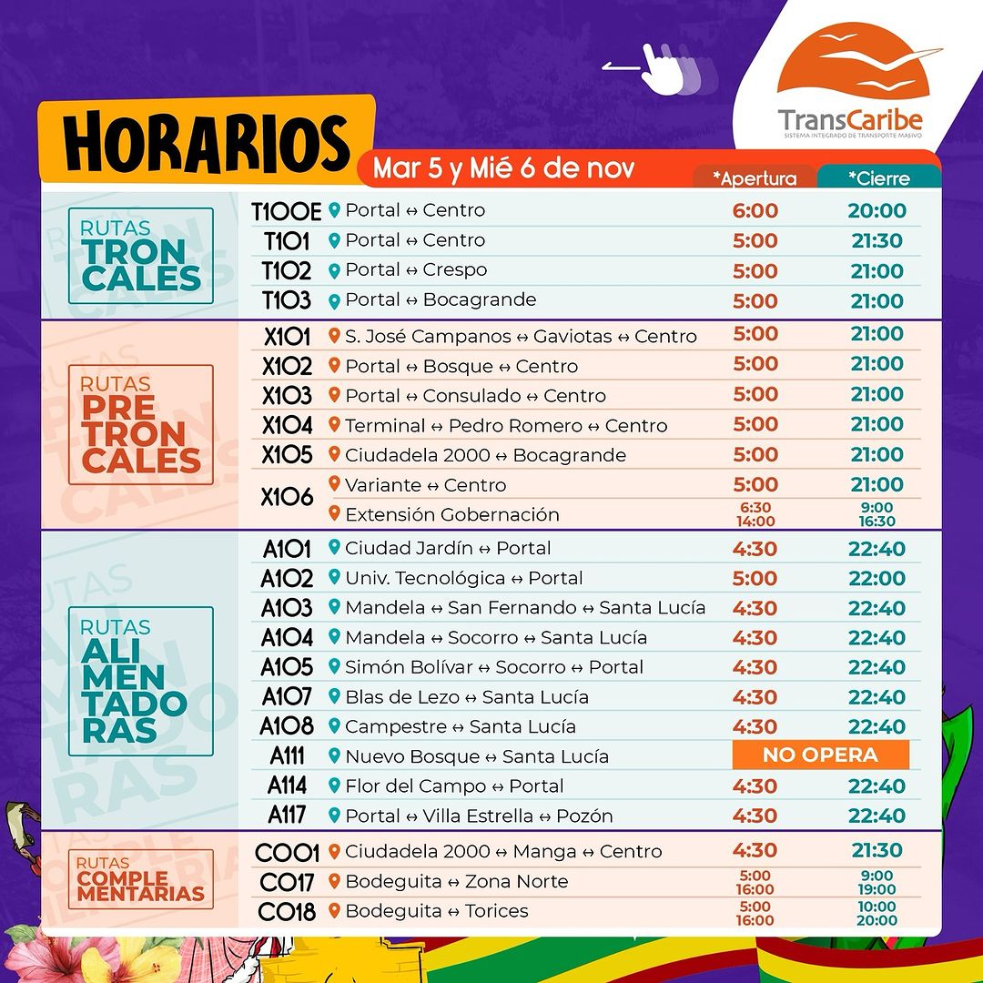 Horario de Transcaribe en fiestas