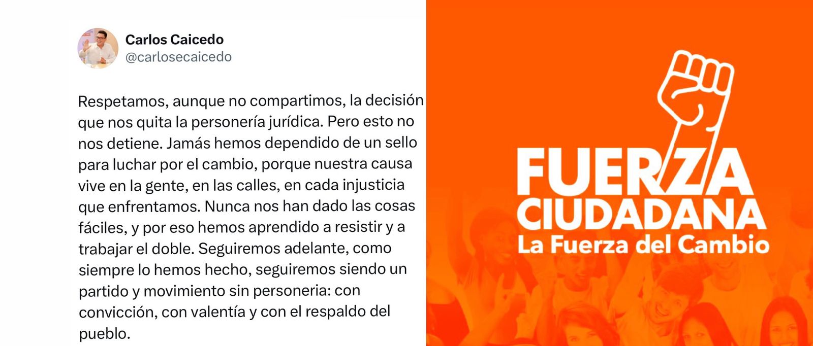 "Respetamos, aunque no compartimos, la decisión que nos quita la personería jurídica”: Carlos Caicedo