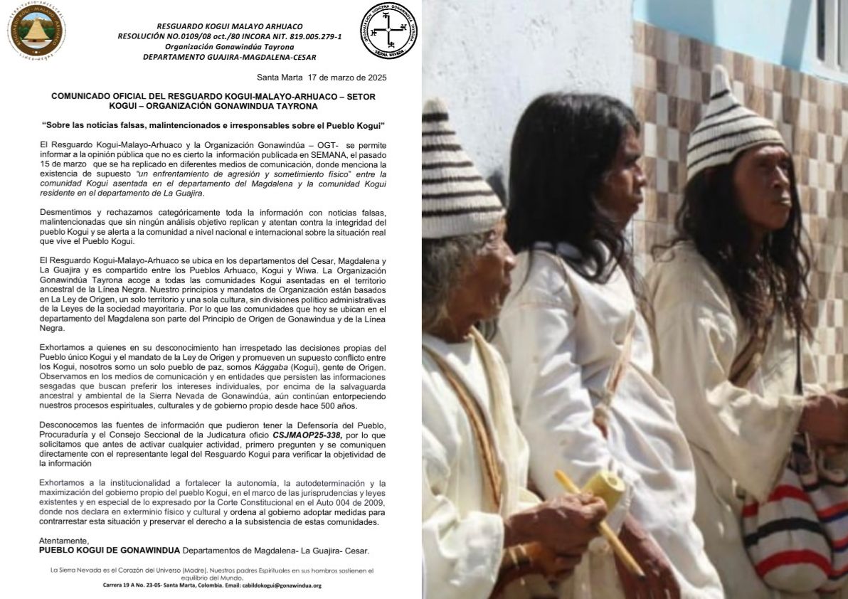 Organizaciones indígenas desmienten supuestos enfrentamientos entre los Kogui