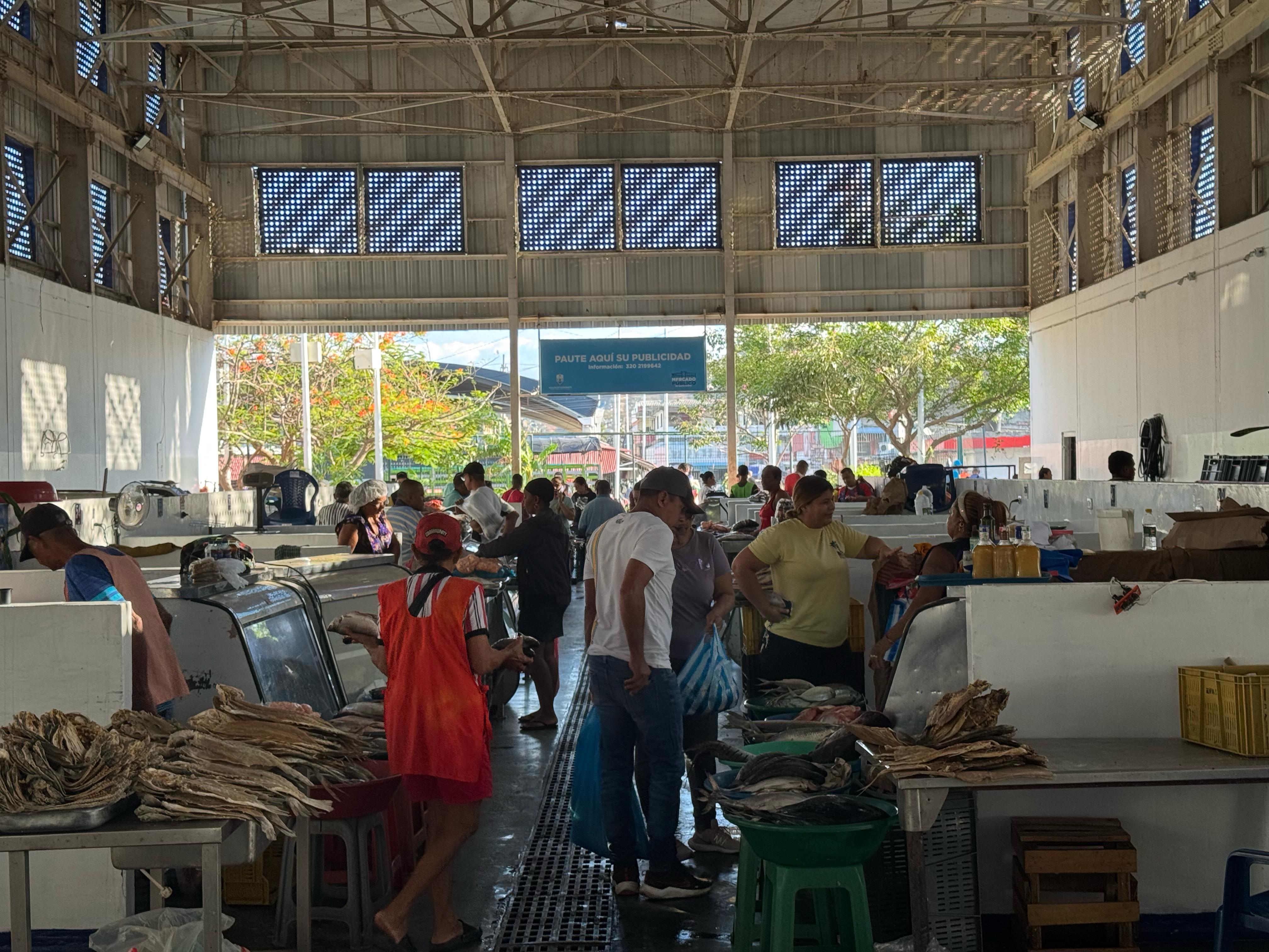 Samarios y turistas comprando pescados en el mercado público.