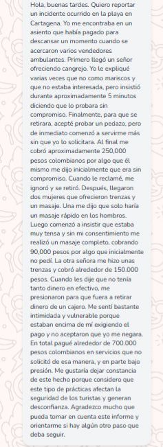 Denuncia de turista peruana víctima de cobros excesivos en las playas de Cartagena.