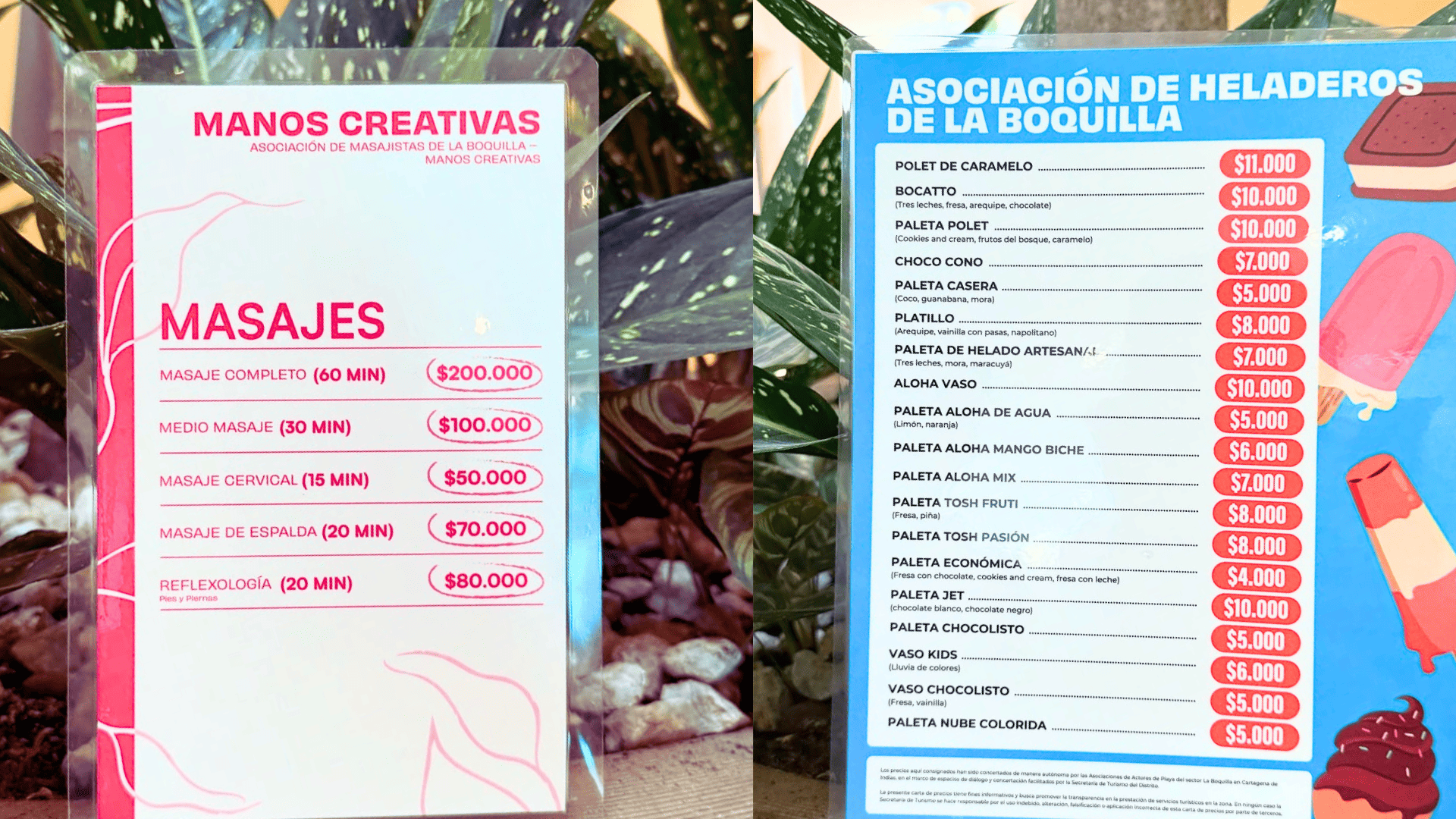 Carta de precios playas de La Boquilla