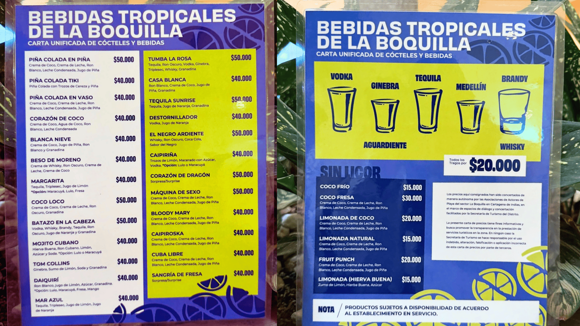 Carta de precios playas de La Boquilla