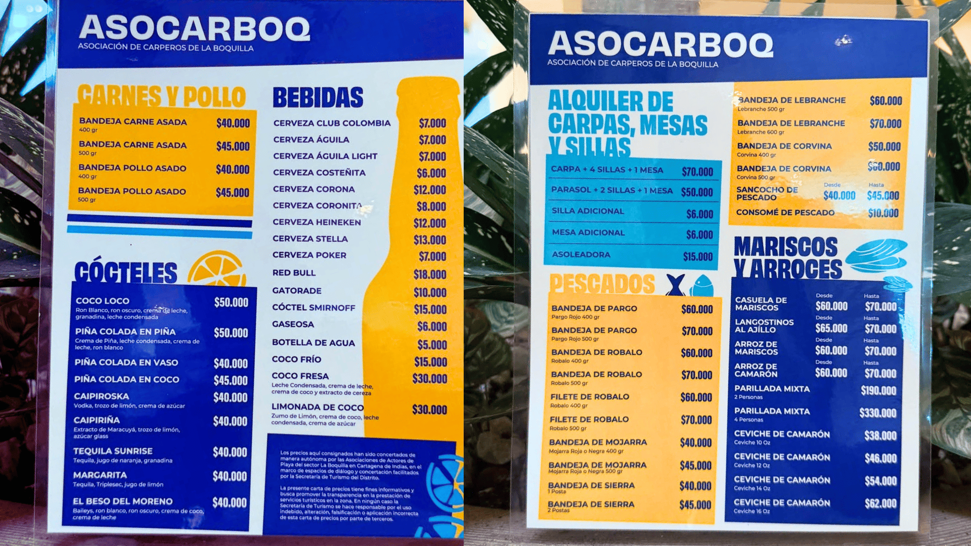 Carta de precios playas de La Boquilla