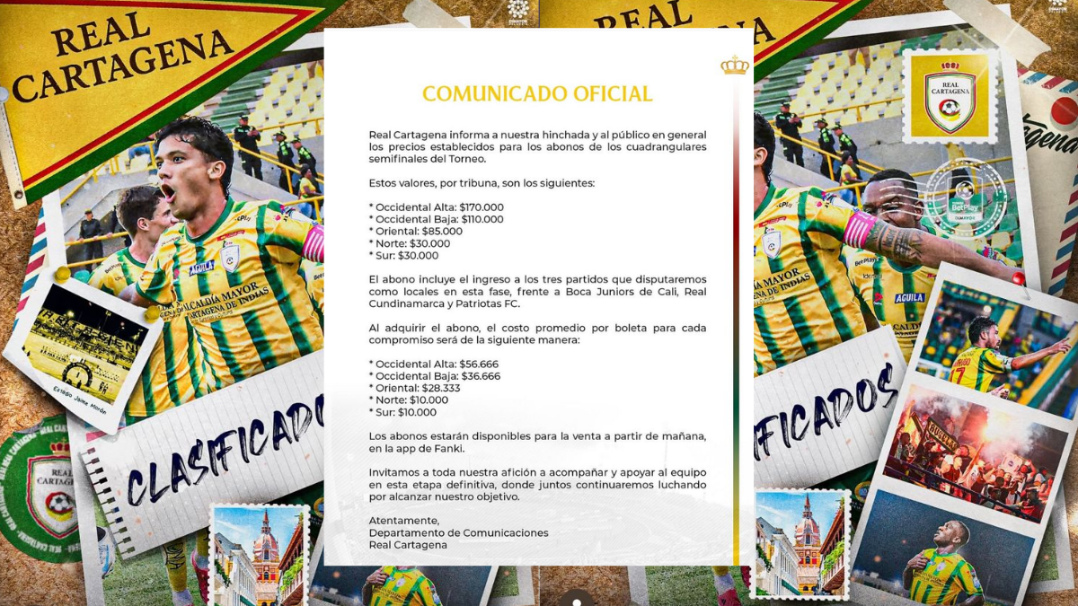 Comunicado de Real Cartagena sobre precios de boletas