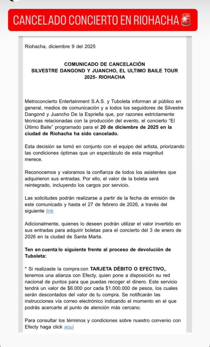 Comunicado de la cancelación del concierto de Silvestre en Riohacha