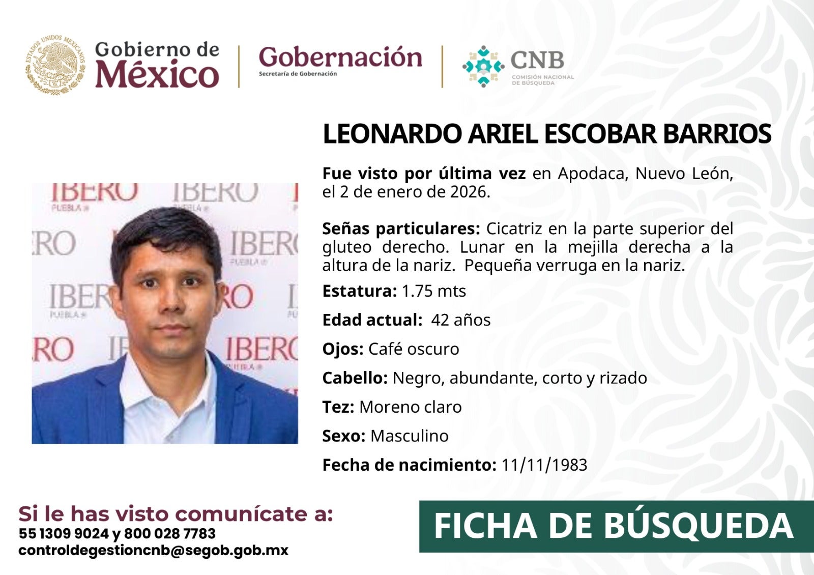 Ficha de búsqueda de colombiano desaparecido en México