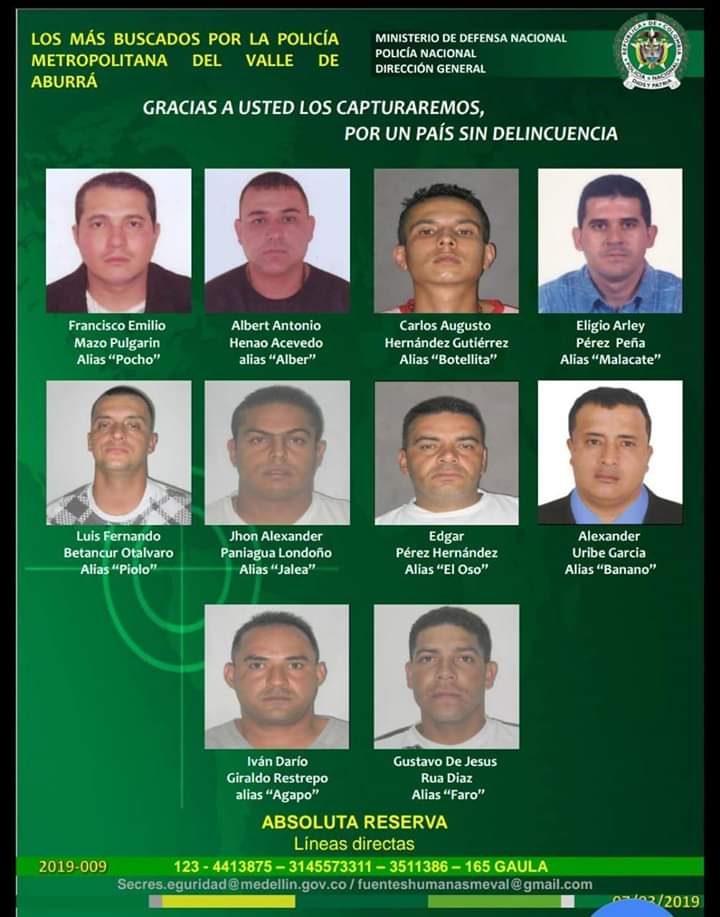 Cartel de los más buscado en Bello, Antioquia.