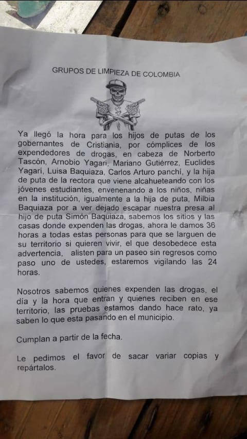 Panfleto amenazante que circular en resguardos indígenas del Suroeste de Antioquia.