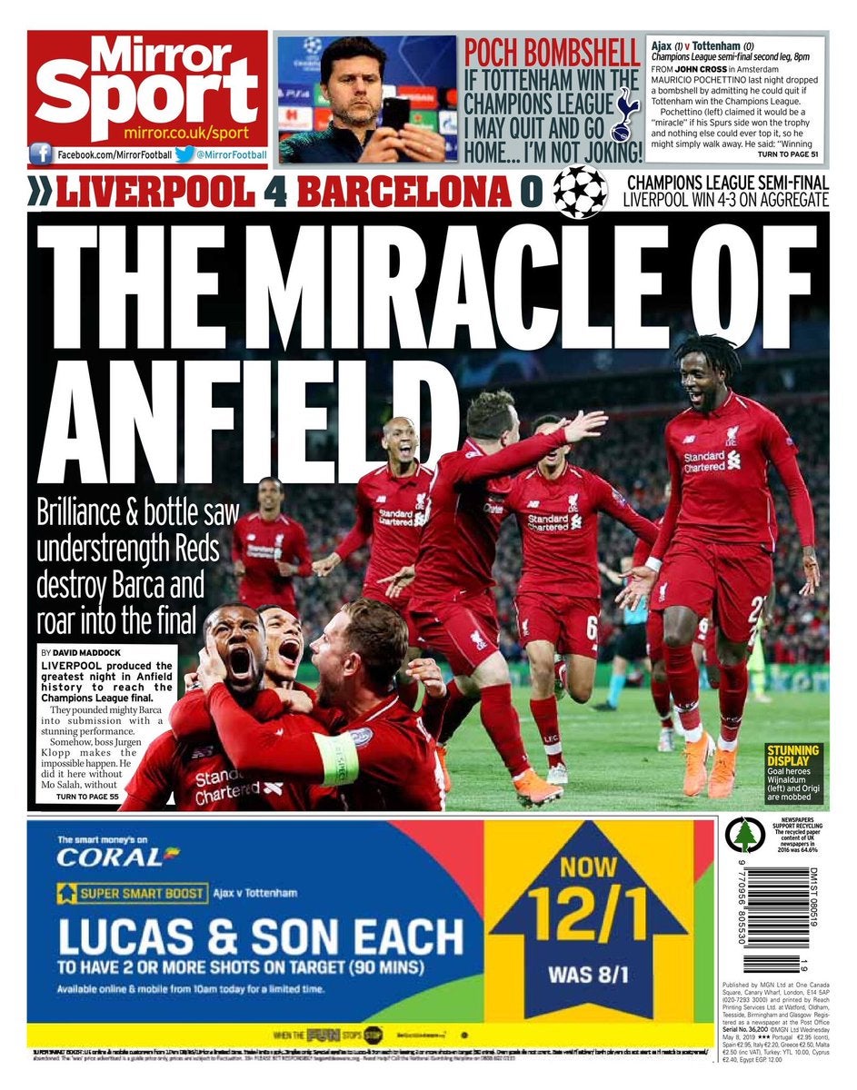 Portada Mirror Sport, tras victoria del Liverpool