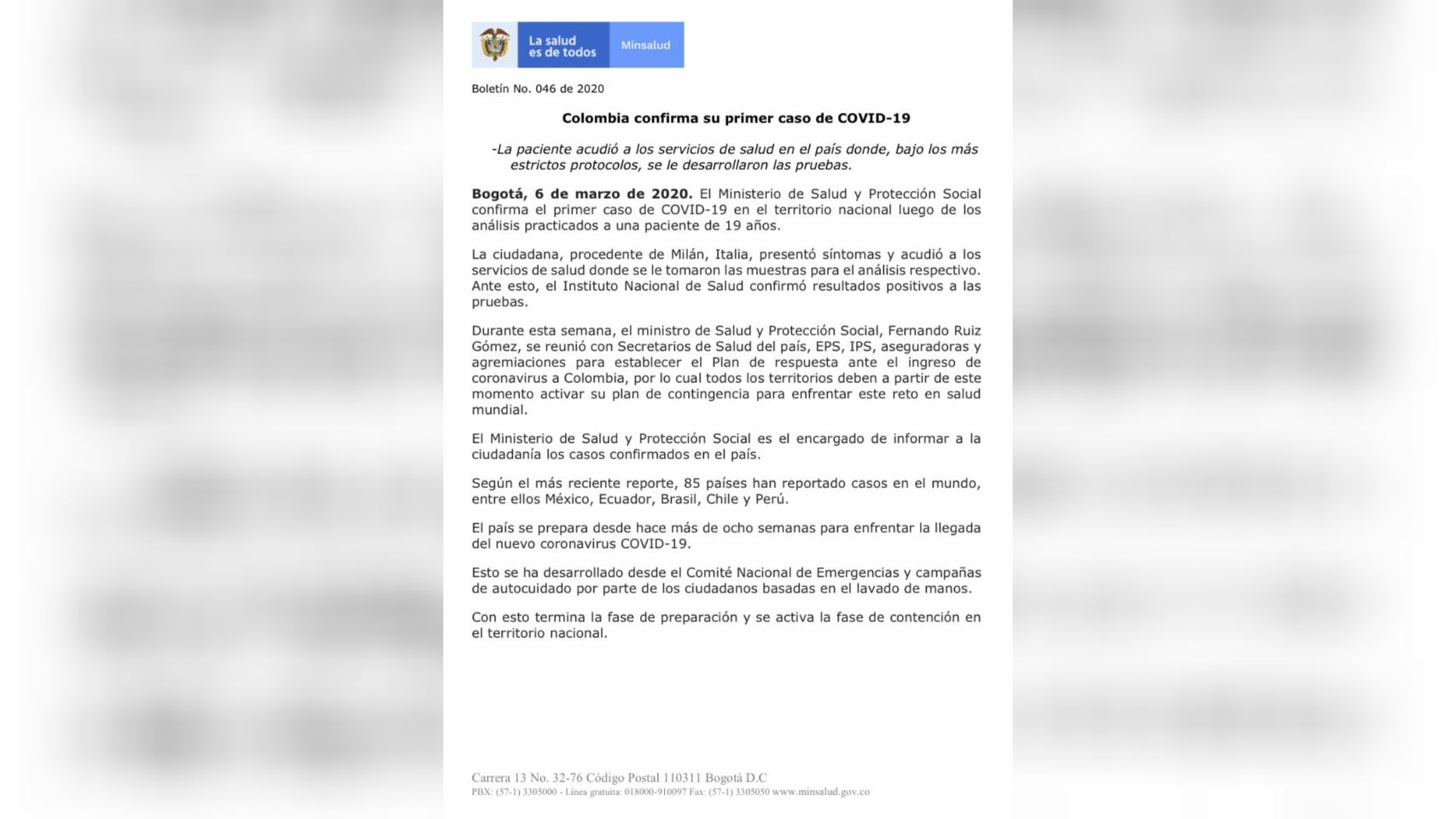 Comunicado del Ministerio de Salud
