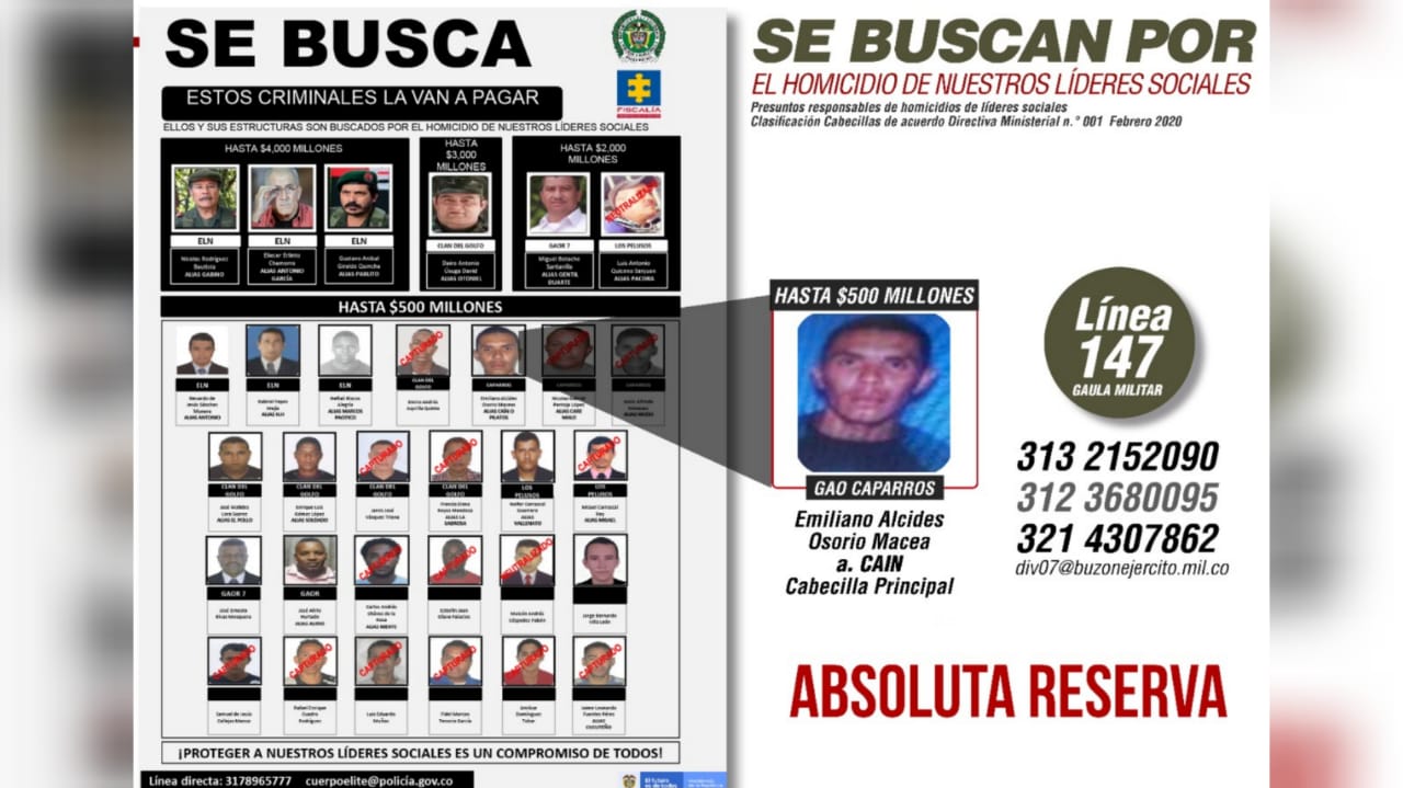 El hoy buscado está señalado de asesinar a varios líderes sociales en el Bajo Cauca antioqueño.