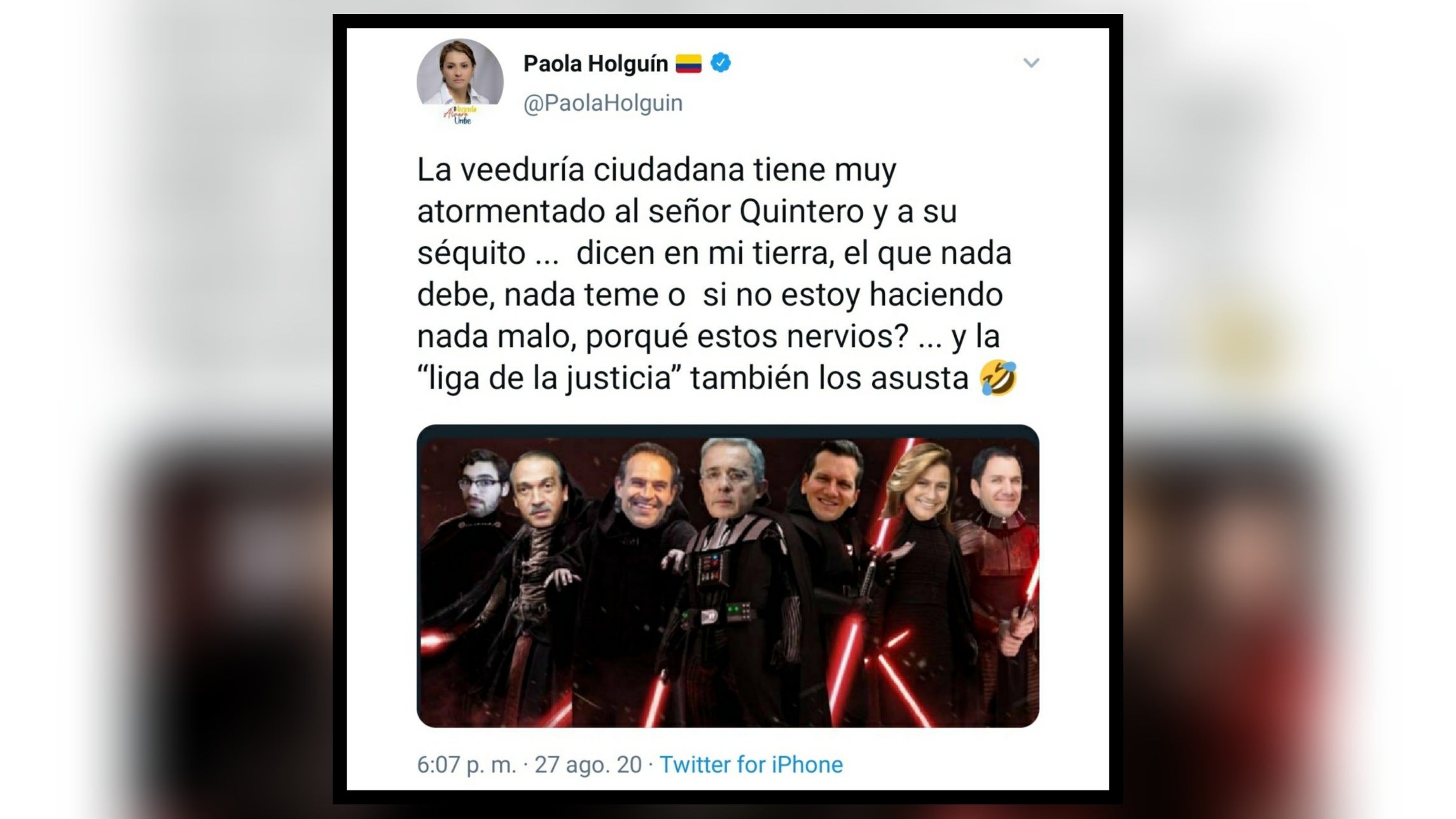 Senadora Uribista comparó al Centro Democrático con los villanos de 'Star Wars'⁣