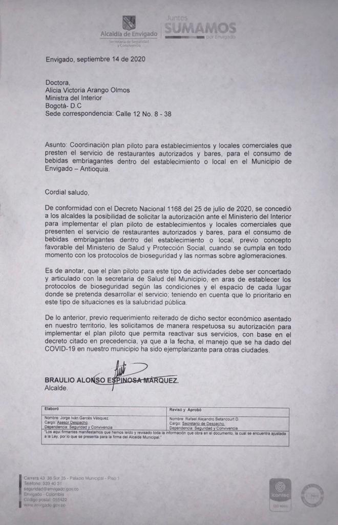 Envigado solicitó aval para iniciar plan piloto de consumo de licor en bares