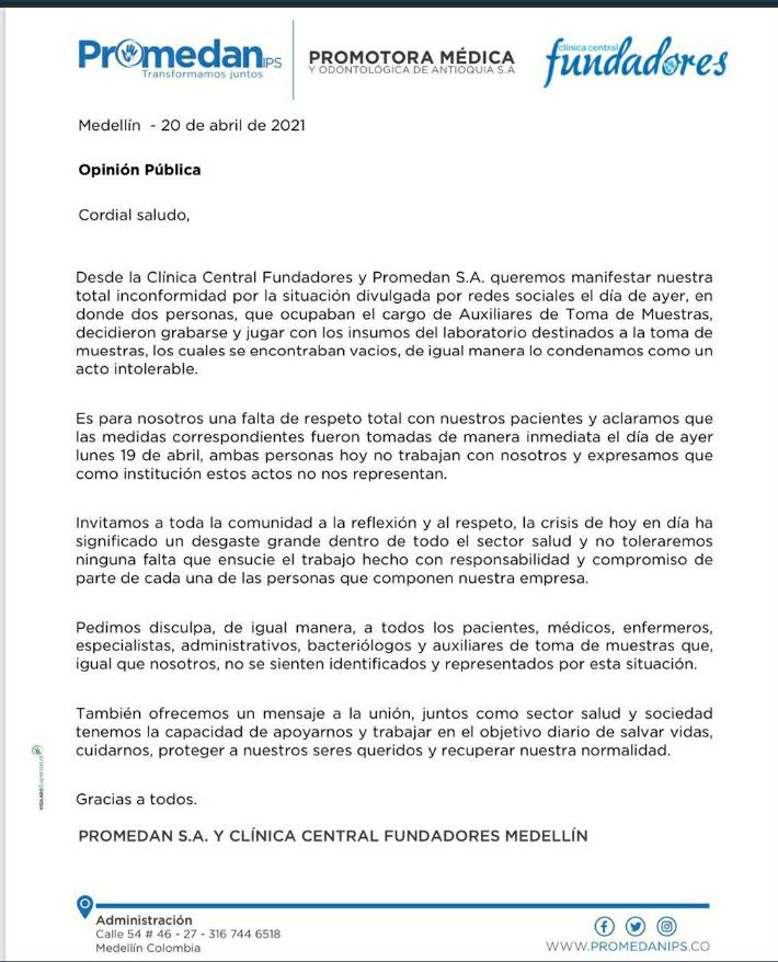 Comunicado de la Clínica Fundadores y Promedan IPS.