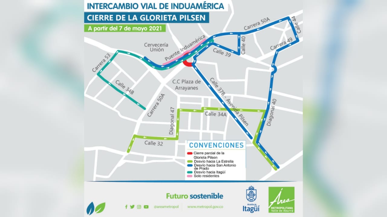 ÁREA METROPOLITANA DEL VALLE DE ABURRÁ ANUNCIA CIERRES Y DESVÍOS VIALES POR OBRAS DEL INTERCAMBIO VIAL INDUAMÉRICA EN ITAGÜÍ
