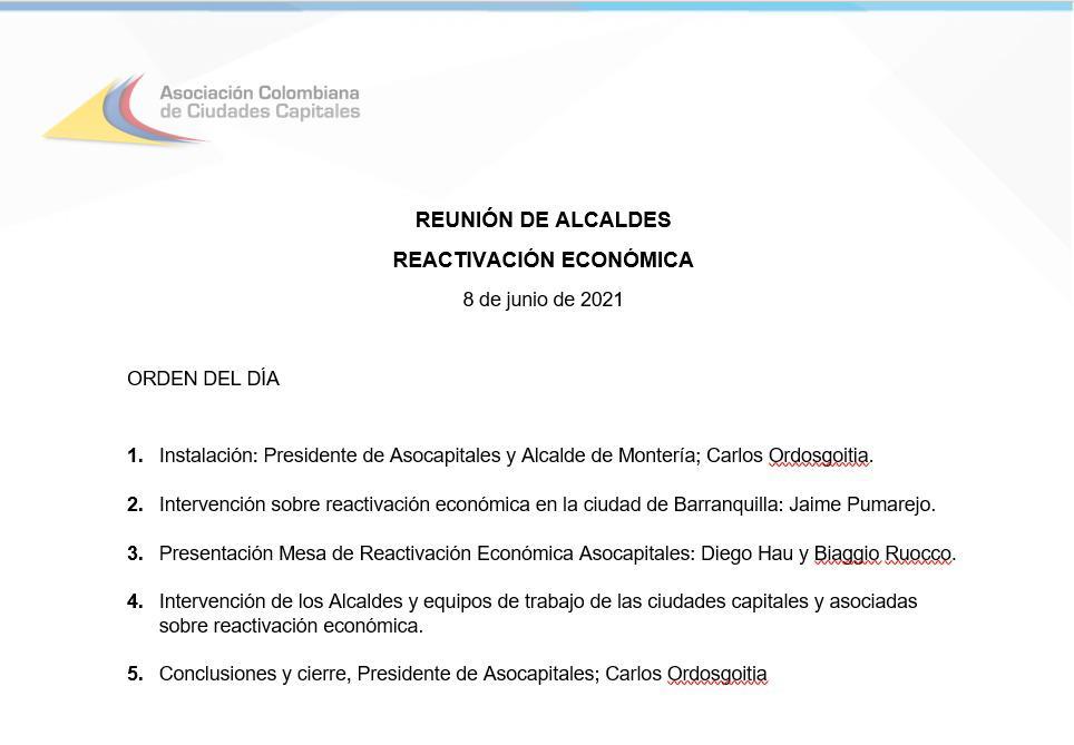 Agenda del día de Asocapitales el 8 de junio en Barranquilla.