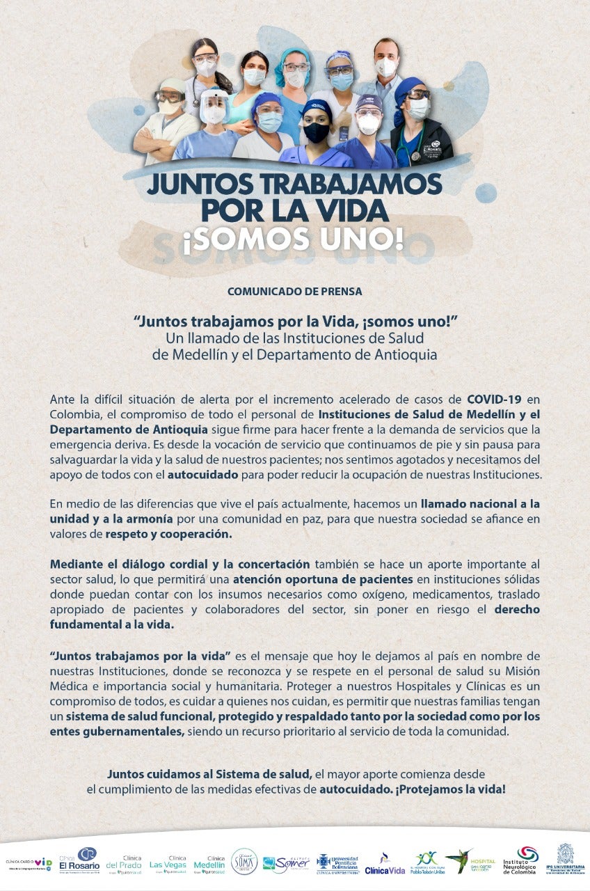 Comunicado de clínicas y hospitales de Antioquia.