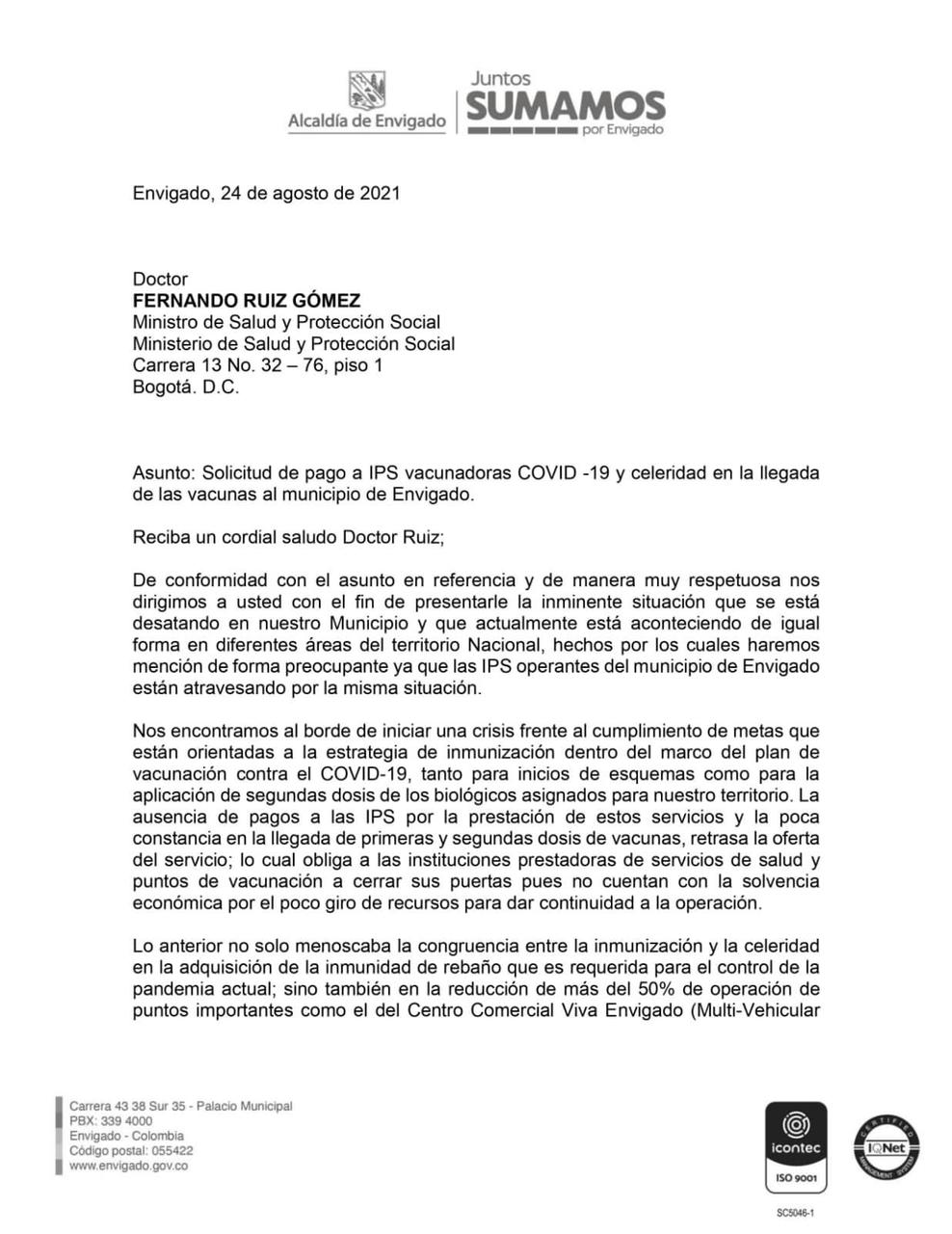 Carta del alcalde de Envigado, Braulio Espinosa.