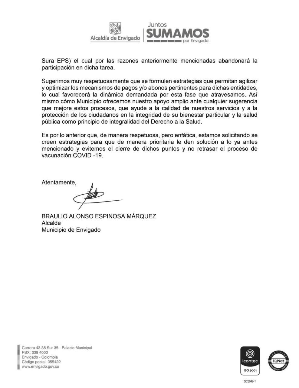 Carta del alcalde de Envigado, Braulio Espinosa.