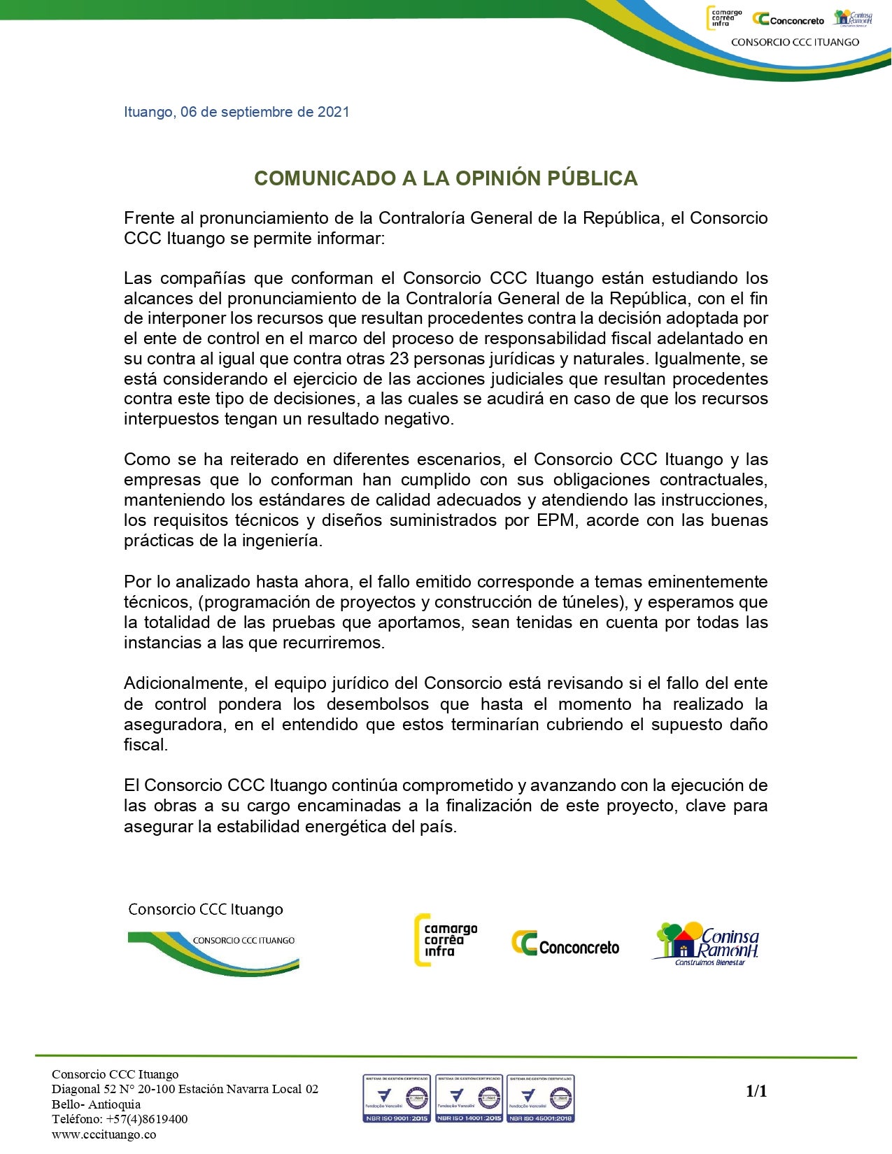 Comunicado del Consorcio CCC Ituango.