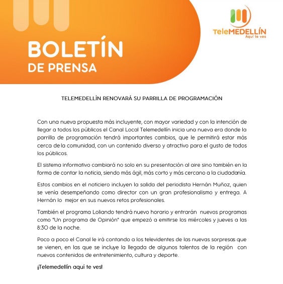 Comunicado Telemedellín.
