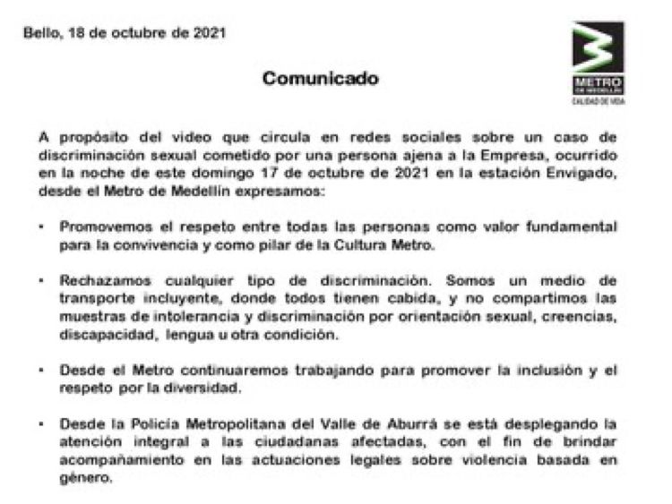 Comunicado del Metro de Medellín.