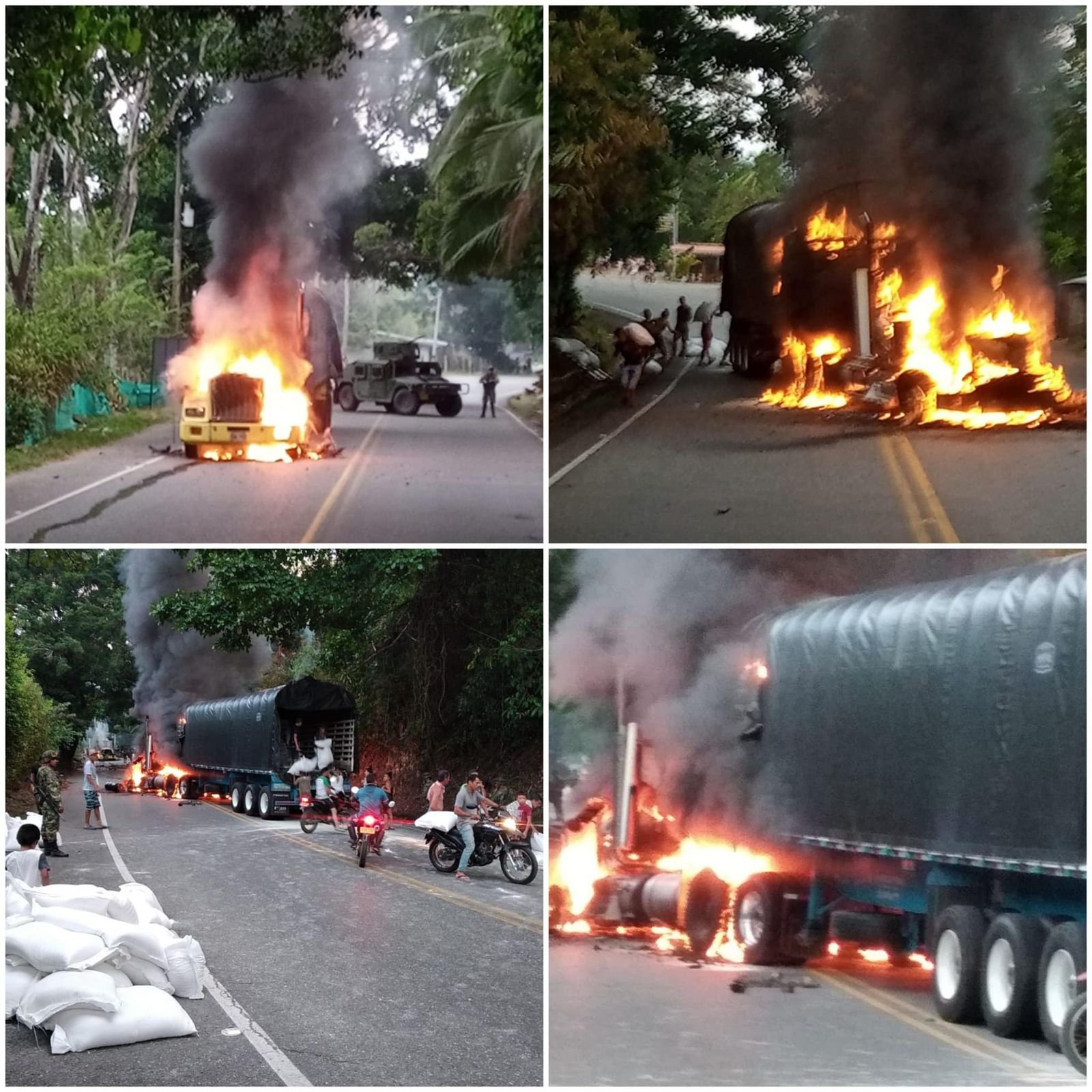 Quema de dos camiones en Valdivia, Antioquia.