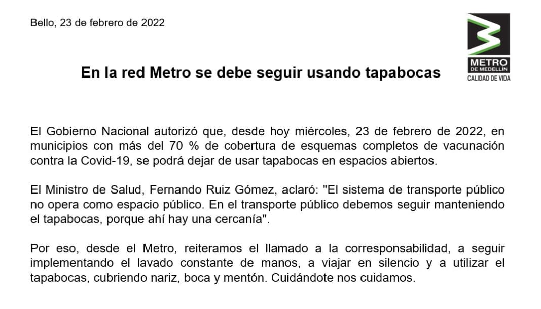 Comunicado de El Metro de Medellín