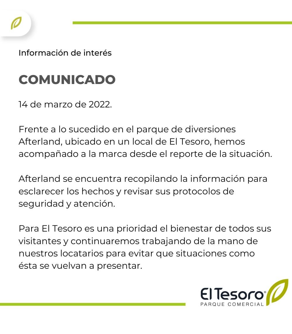 Comunicado del centro comercial El Tesoro.