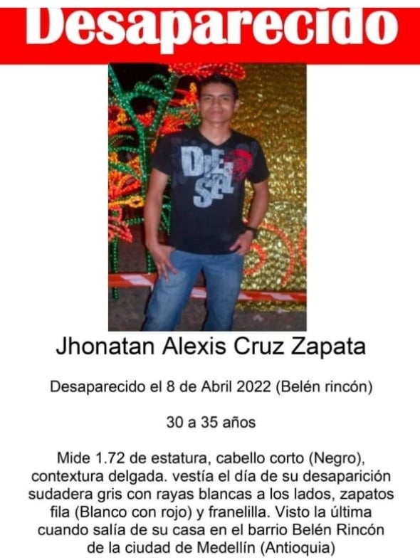 Familiares buscan a Jhonatan Cruz, desaparecido hace 15 días en Belén Rincón