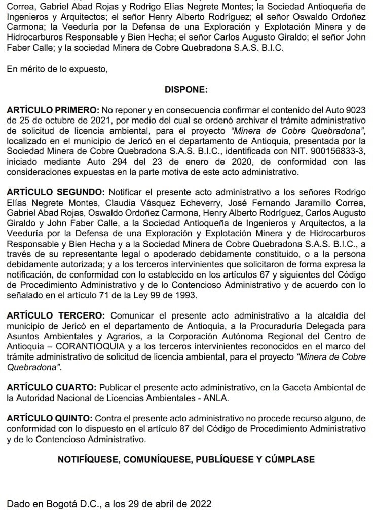 Auto de ratificación licencia Quebradona
