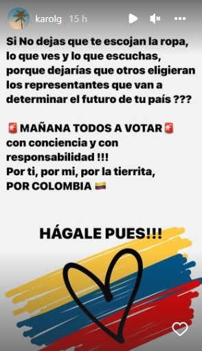 Estado de Karol G sobre elecciones