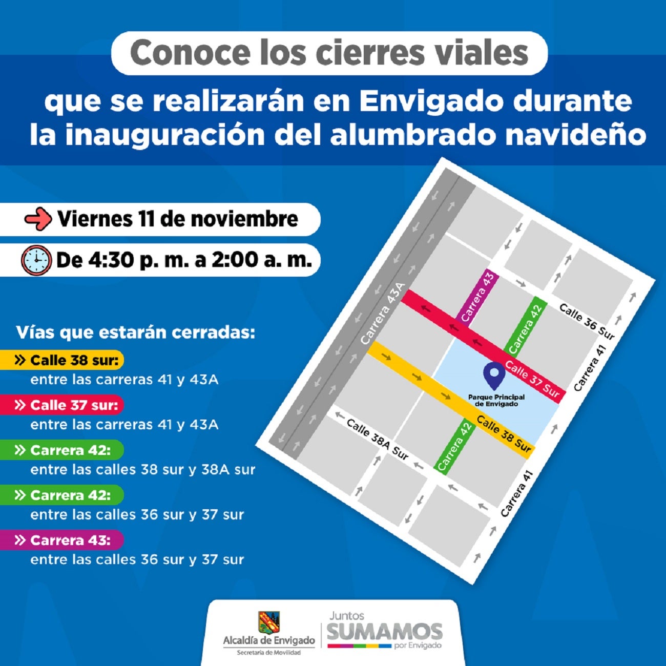 Cierres viales este viernes por la inauguración del alumbrado navideño en Envigado