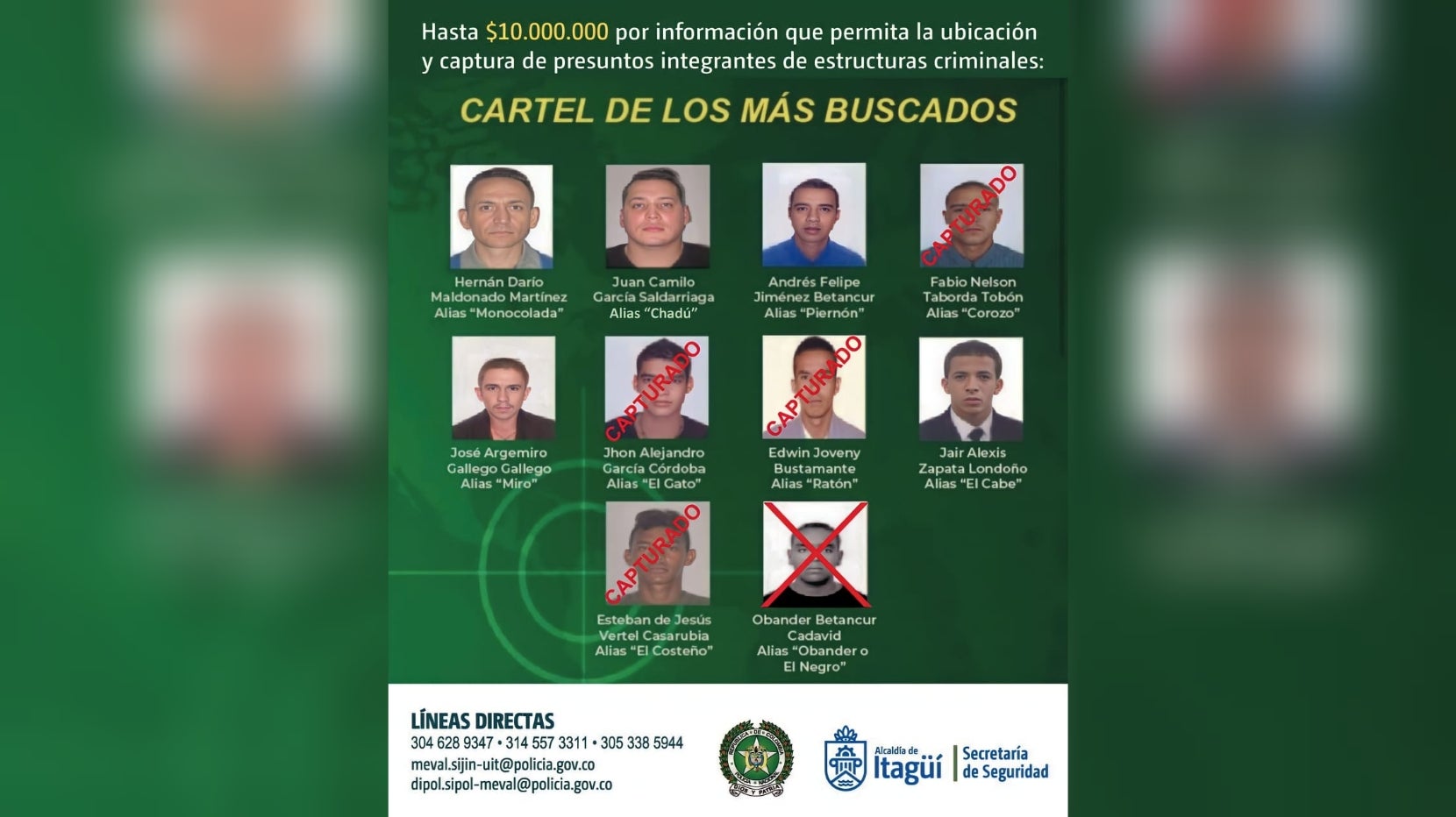 Entre ellos se encuentran alias “Chadú”, “Monocolada”, “Piernón”, “Miro” y “El Cabe”.