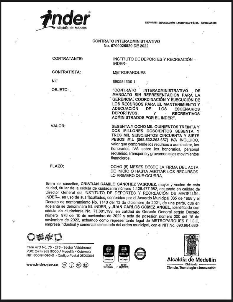 Contrato Inder/Metroparques para mantenimiento de escenarios deportivos y recreativos