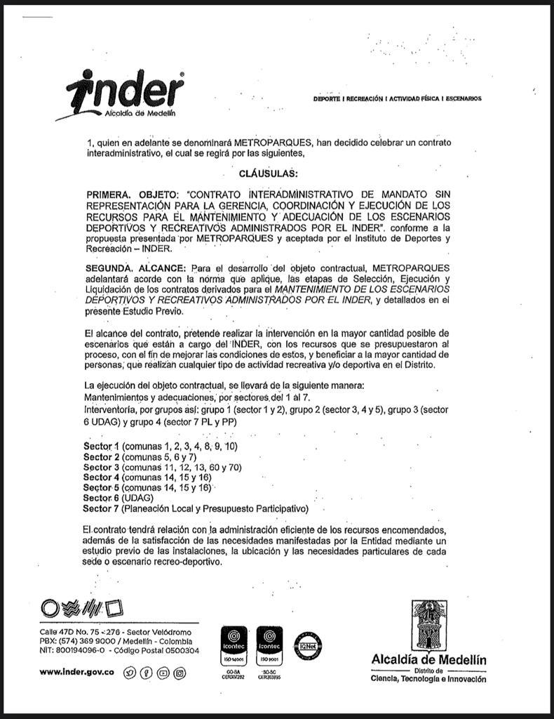 Contrato Inder/Metroparques para mantenimiento de escenarios deportivos y recreativos